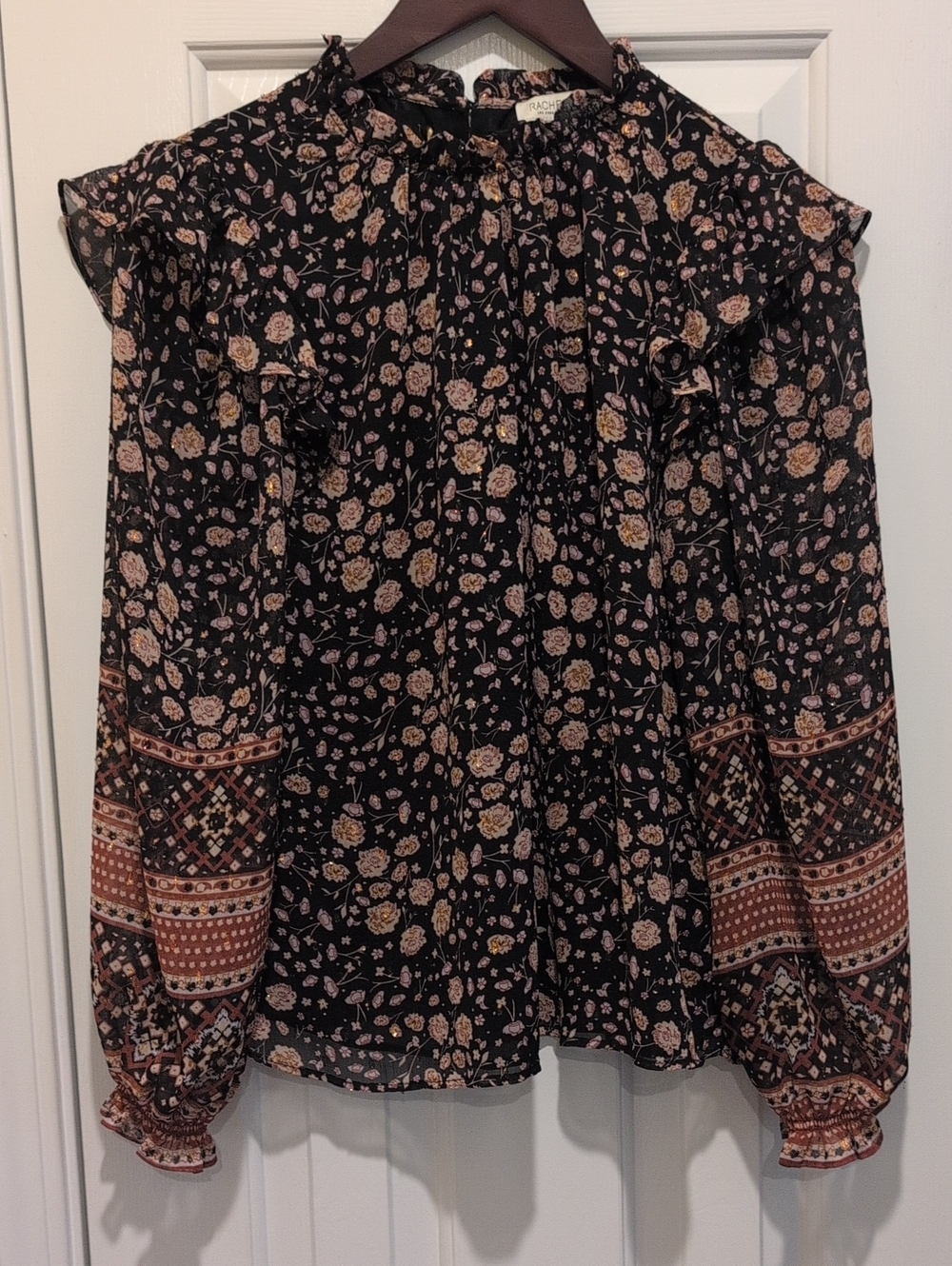 Rachel Zoe Black Floral Ruffle-Shoulder Blouse